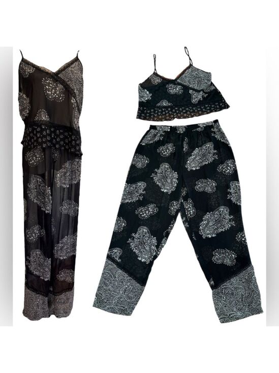 delicates Pants - 90s 2PC DELICATES BOHO SHEER BLK & CREAM PAISLEY CROP TOP & WIDE LEG PANT SZ XL